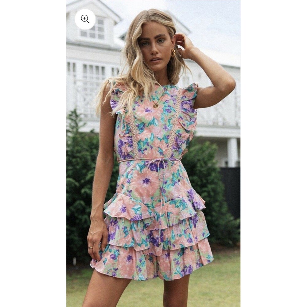 Indikah Angel Biba Womens XS Tiered Ruffle Open Back Colorful Floral Mini Dress
